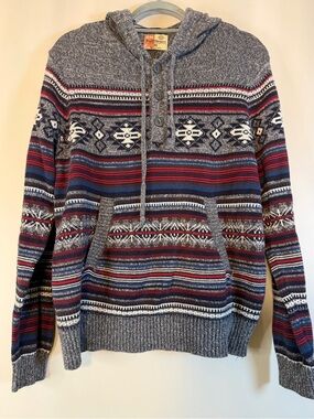 Ruff Hewn Gray Hooded Crewneck Sweater with Red and Navy Stripes